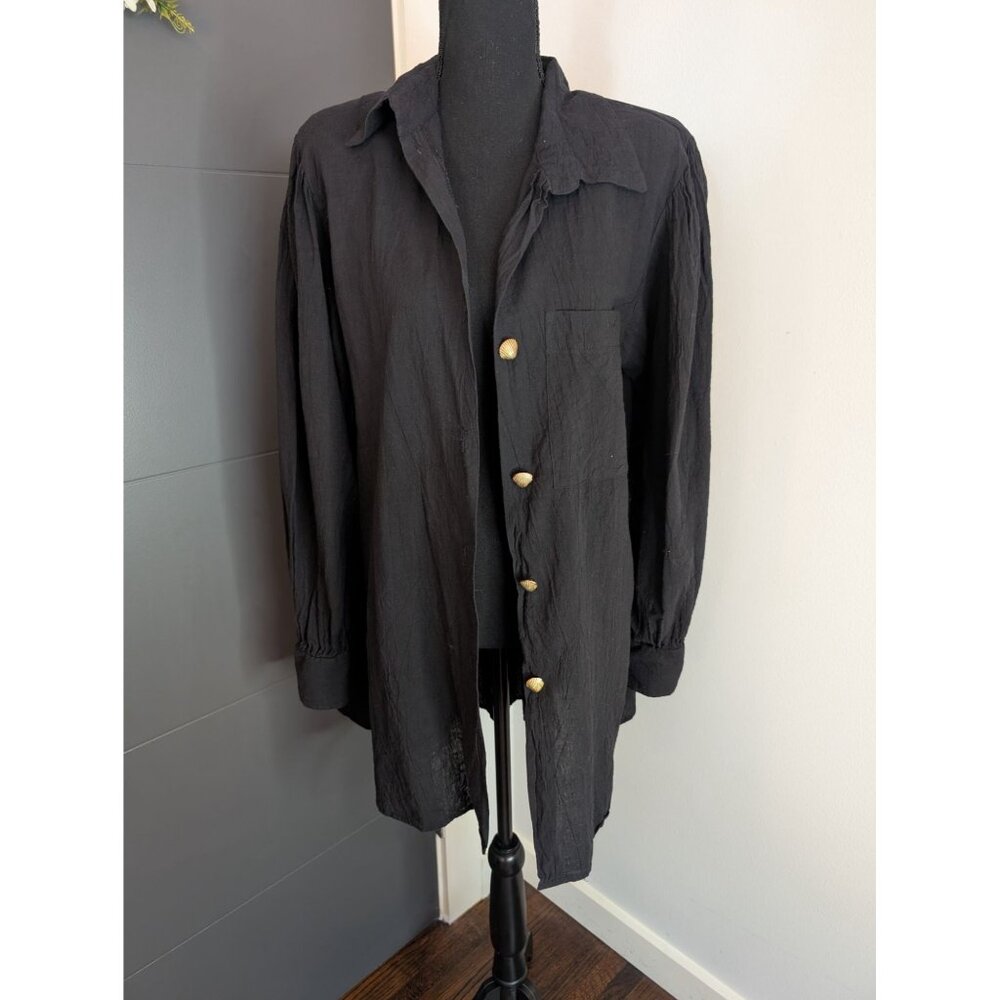 Vintage Laura Kidd Studios Black Gauzy Button-Up Tunic w/ Gold Shell Buttons: XL